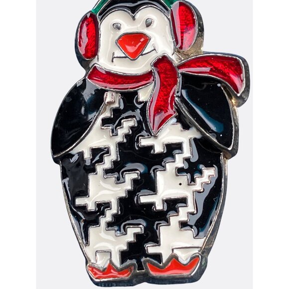 Penguin Brooch Enamel Pin With Red Scarf and Ear Muffs Winter Theme Jewelry - Picture 3 of 9